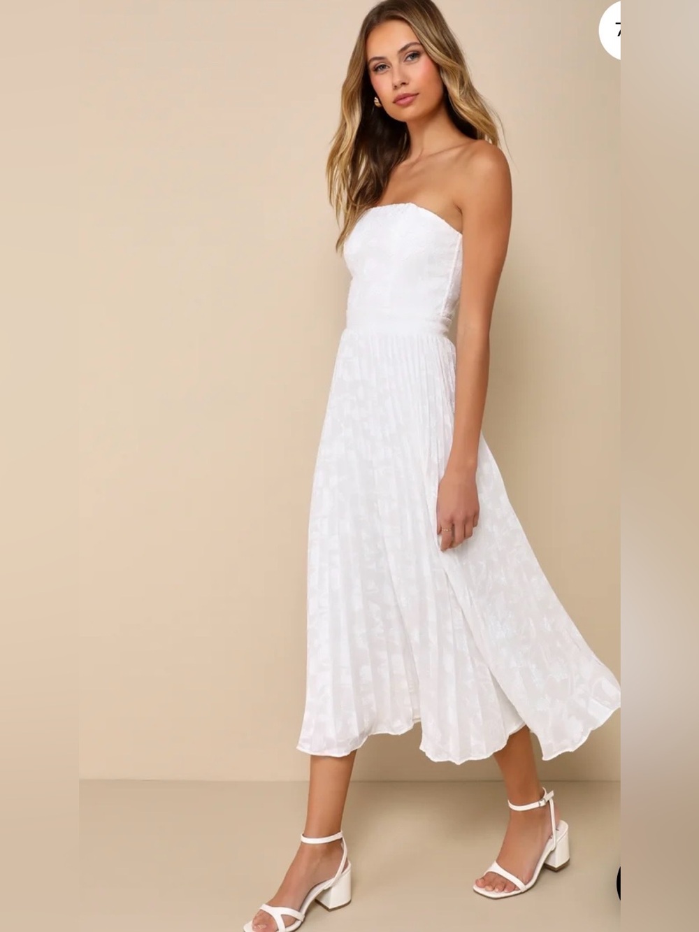 Lulu's White Pleated Jacquard Strapless Midi Dress